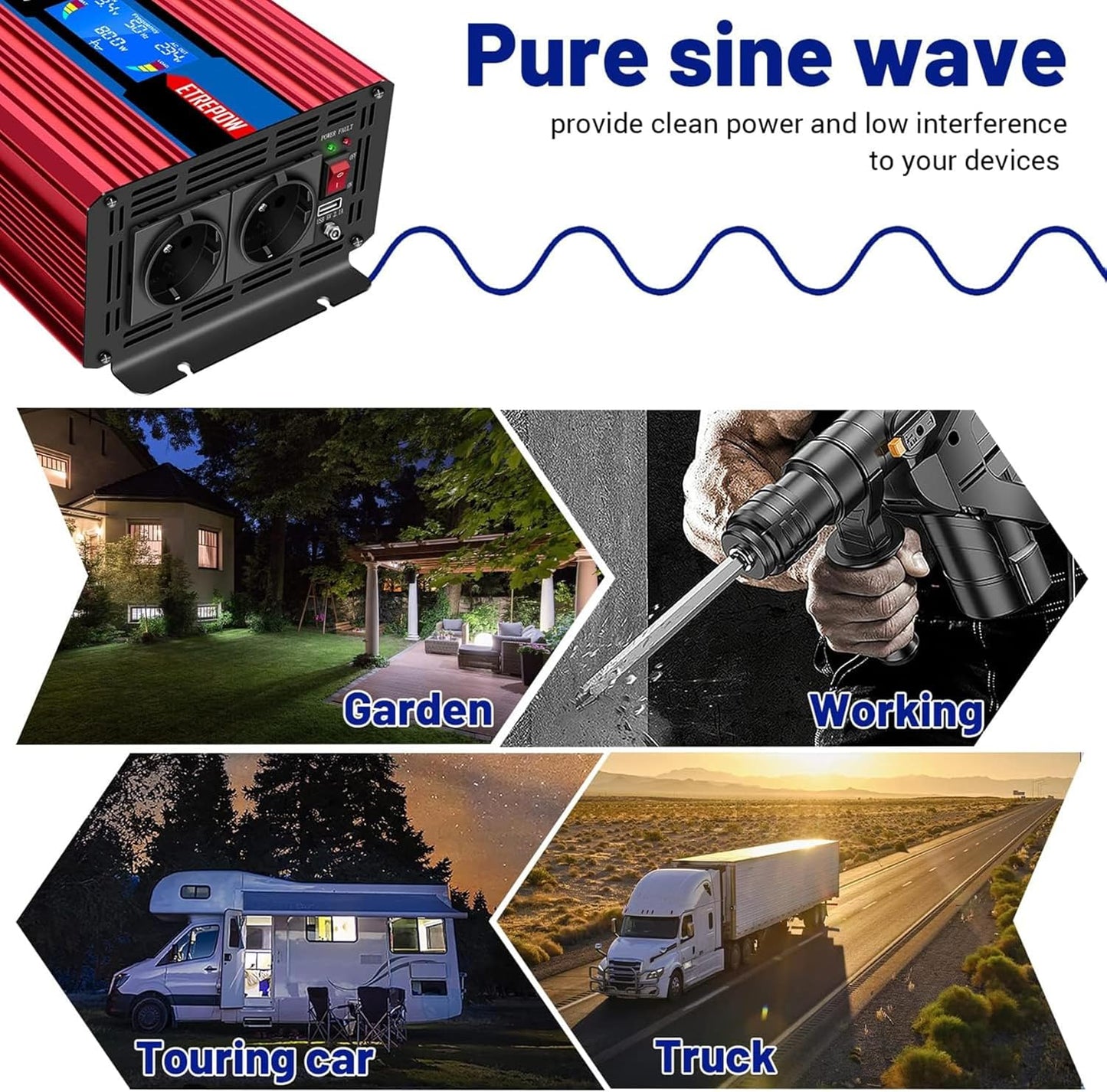 Omvormer 2000W/4000W 24V naar 230V Pure Sinus Volt ETREPOW Auto spanningsomvormer Omvormer Converter Pure Sine Wave Power Inverter DC AC omvormer (Draadloze afstandsbediening, display)