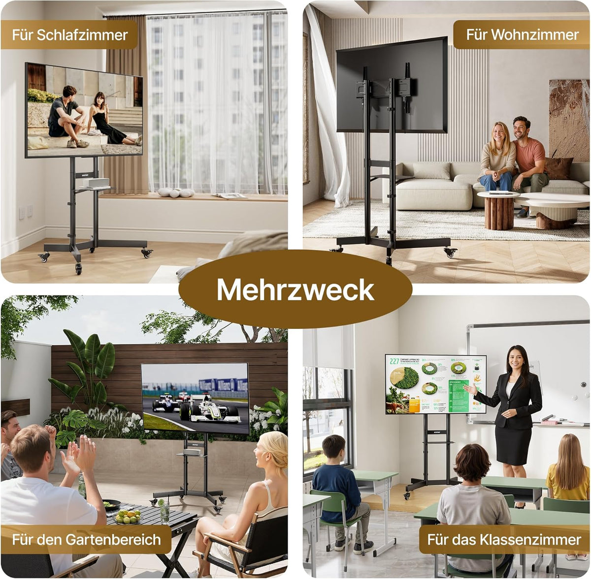 In hoogte verstelbare mobiele tv-standaard oprolbaar voor 32-86 inch televisie, tot 90 kg draagvermogen, helling +5°/-10°, veiligheidsvergrendeling, met wielen en plank, max. VESA 600x400mm
