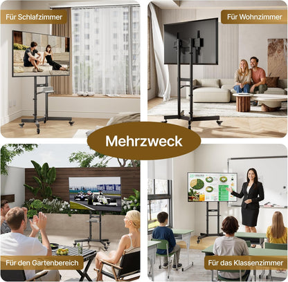 In hoogte verstelbare mobiele tv-standaard oprolbaar voor 32-86 inch televisie, tot 90 kg draagvermogen, helling +5°/-10°, veiligheidsvergrendeling, met wielen en plank, max. VESA 600x400mm