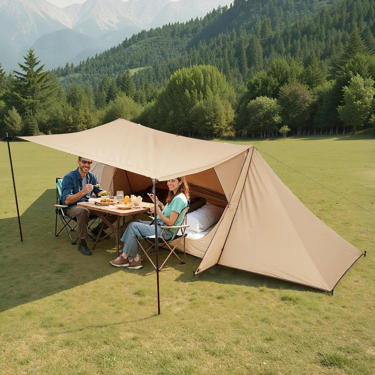 VEVOR Campingtent, lichte bushcraft-tent met kachelaansluiting en 2 zeilstangen, wintertenten, draagbare 4-seizoenentent voor 2 personen, voor wandelen, vissen, jagen en rugzakreizen