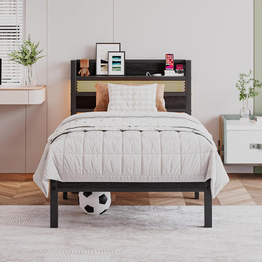 90 x 200 cm Metalen bedframe met hoofdeinde en laadstation/ledverlichting, metalen bedframe, sterk stalen lattenrooster, rustiek bruin