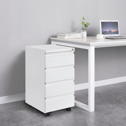 Rolcontainer, archiefkast, afsluitbaar met 4 sleutels, kantoorkast van metaal, archiefkast onder bureau, met 4 laden, voorgemonteerd, afsluitbaar, kantoor, wit