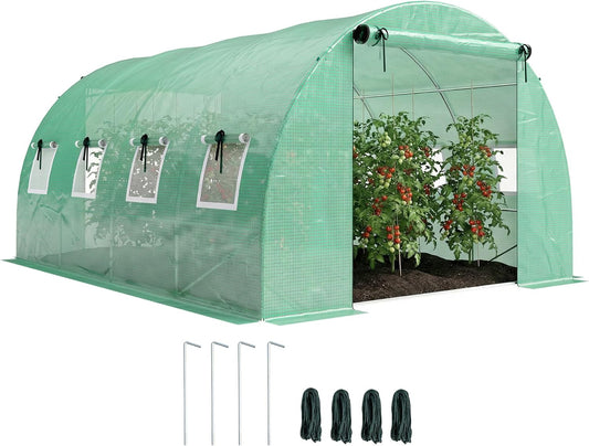 Outsunny kas ca. 4 x 3 x 2 m foliekas met oprolbare deuren, 8 gaasvensters, steunbalken, verlengde randen, UV-bestendig folietunnel, winterbestendig tomatenhuis, groen - QUORE