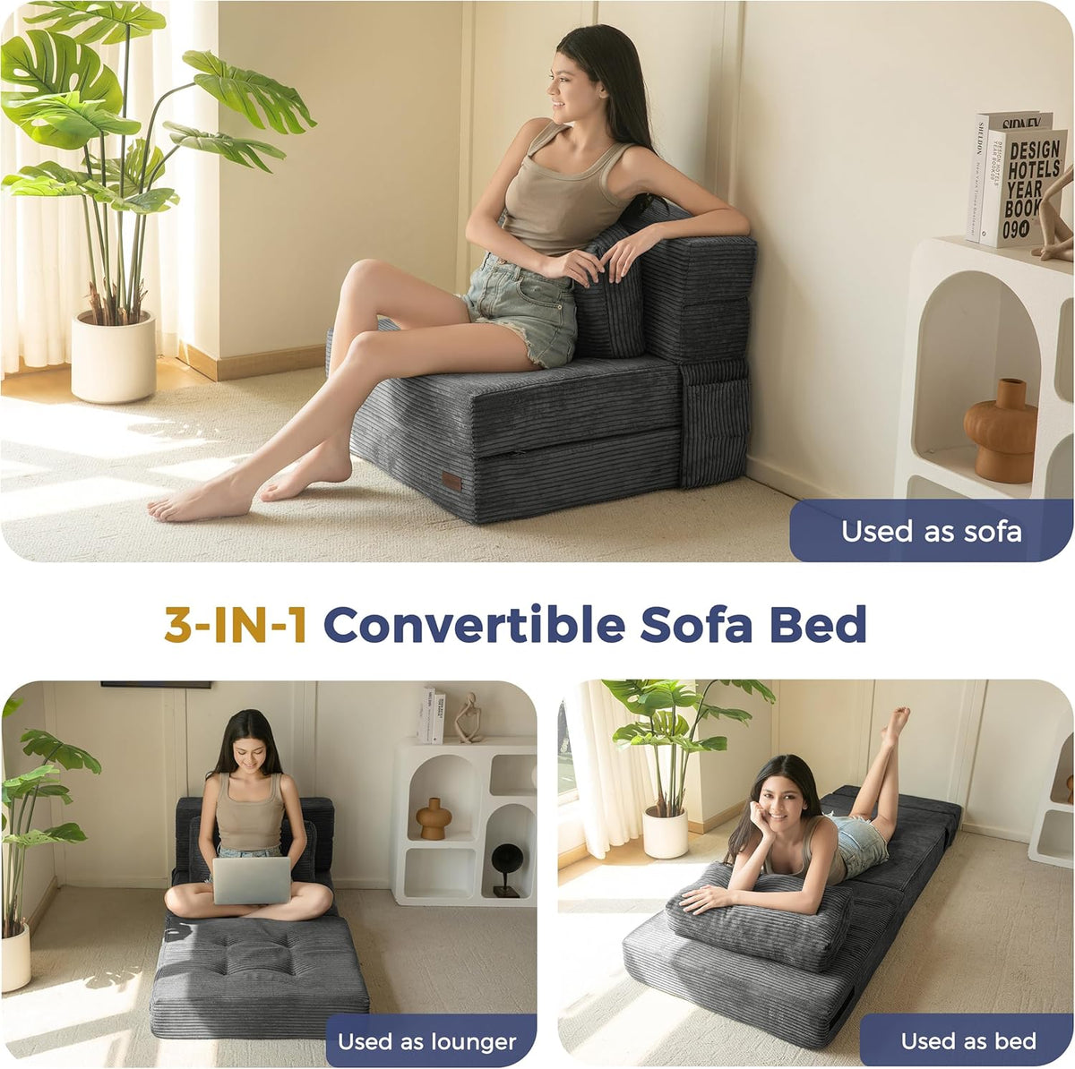 MAXYOYO Opvouwbare schuim slaapbank, drievoudig opvouwbaar matras met 1 kussen, omvormbare slaapbank, futonbed met 15 cm dun schuim, draagbare 3-in-1 vloerbank