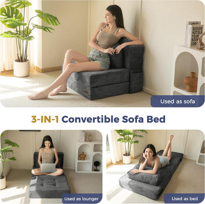 MAXYOYO Opvouwbare schuim slaapbank, drievoudig opvouwbaar matras met 1 kussen, omvormbare slaapbank, futonbed met 15 cm dun schuim, draagbare 3-in-1 vloerbank