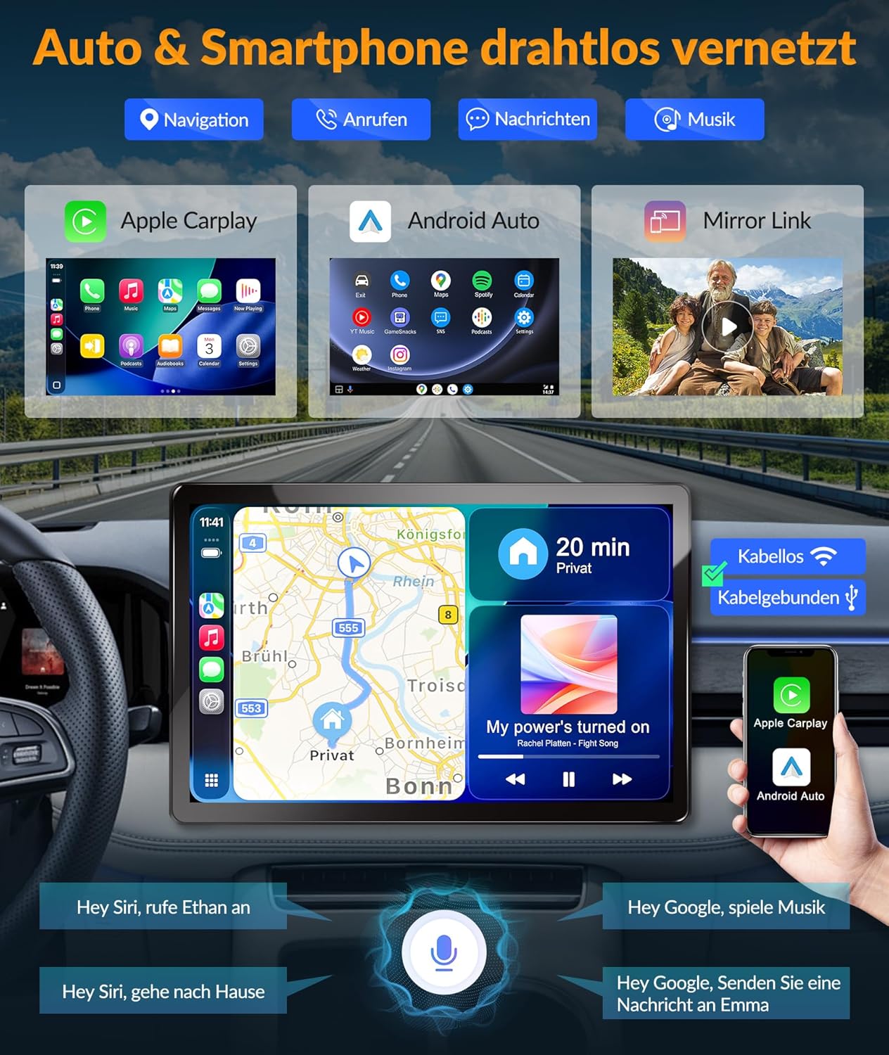 PORMIDO autoradio met scherm:11,8 inch 2K touchdisplay met DAB+ draadloze Apple CarPlay & Android Auto 1din radio 8-core 4GB+64GB Android 13 Navi WiFi Bluetooth achteruitrijcamera voor auto-upgrade