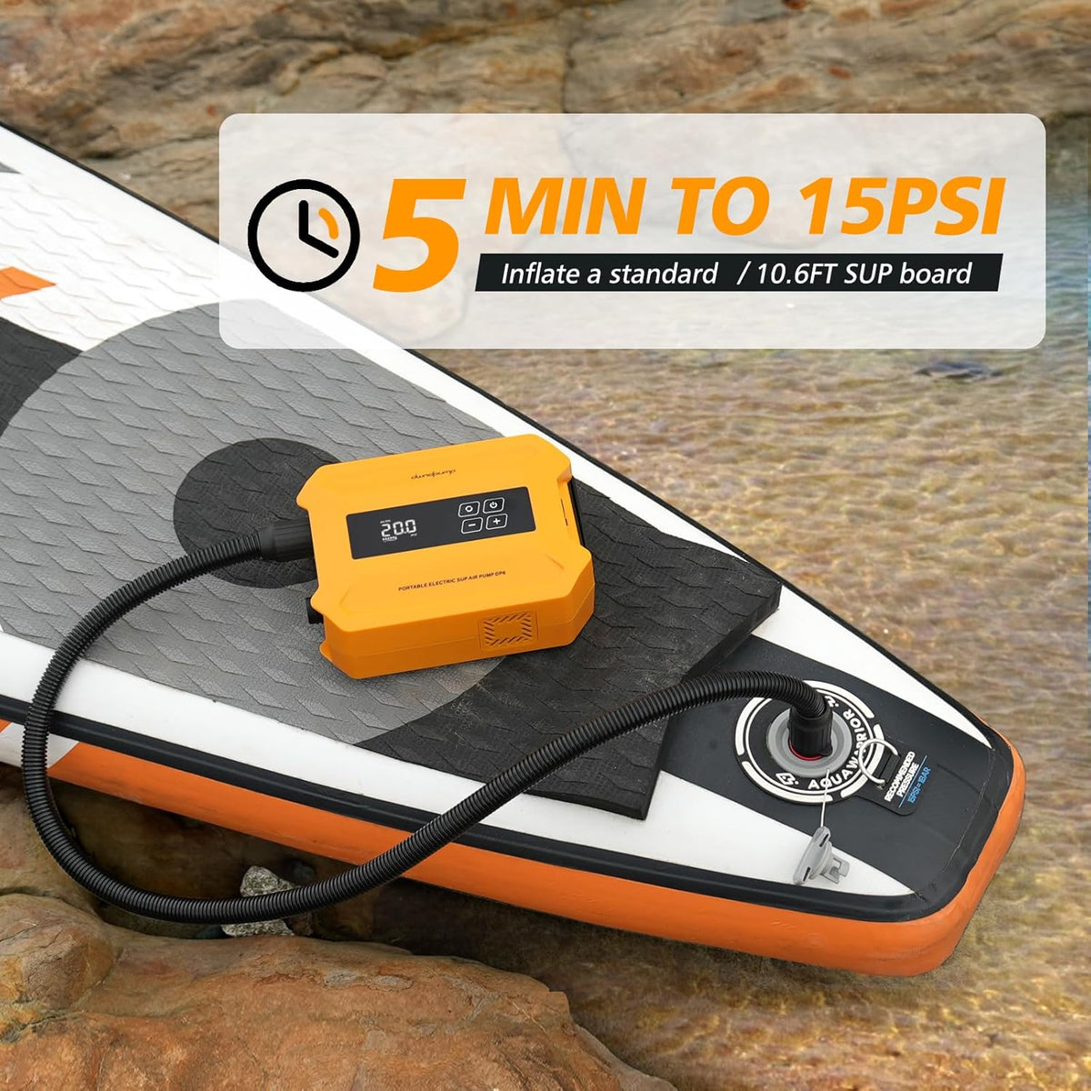 Paddle Board Pomp Elektrische Draagbare, 20PSI Hoge Druk SUP Pomp, Intelligent Dual-Stage Inflatie Deflatie Functie, Auto-Off, LED Display, Luchtpomp voor Paddleboards