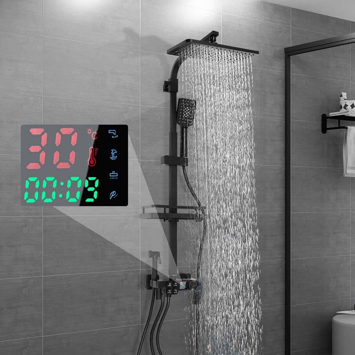 Thermostatisch Douchesysteem – Douche Set – Regendouche – Handdouche – Inbouw Douche – LCD Display – Verstelbare Hoogte 60-112 cm – Roestvrij Staal & Keramische Kraan