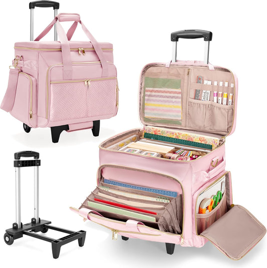 Rolbare Scrapbooktas – Trolleytas – Knutseltas – Hobbytas – Opbergtas – Roze – Met Afneembare Trolley – Laptopvak Tot 15,6 Inch