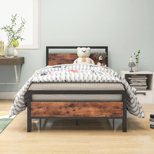 HOJINLINERO Bedframe van metaal en hout, metalen bedframe met lattenbodem, voor volwassenen, kinderen, jongeren, slaapkamer, logeerkamer, eenvoudige montage, bed, 90 x 200 cm, zwart