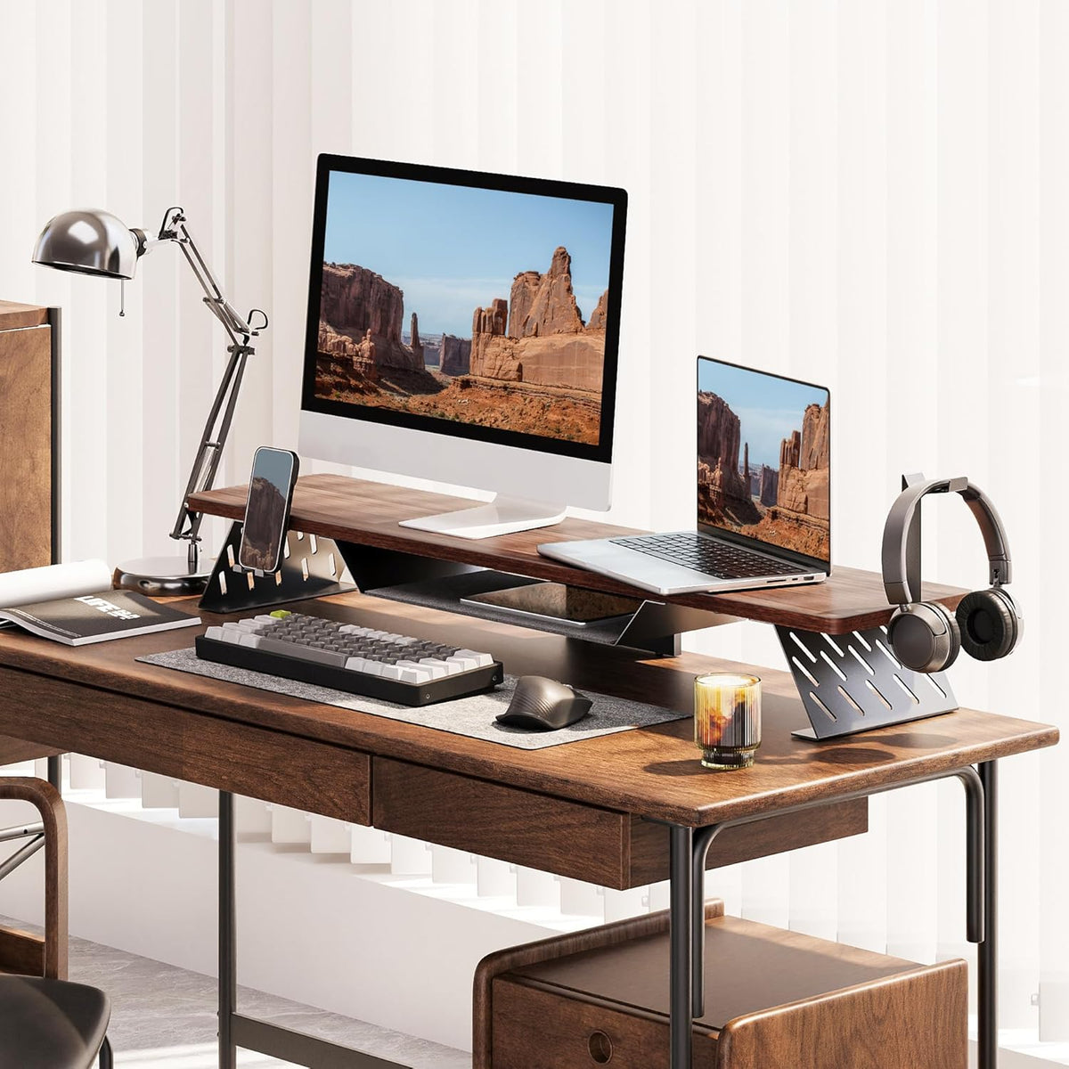 Fenge Monitor Stand Riser met Opslag Plank 108cm, Max Belasting 30KG (Bruin)