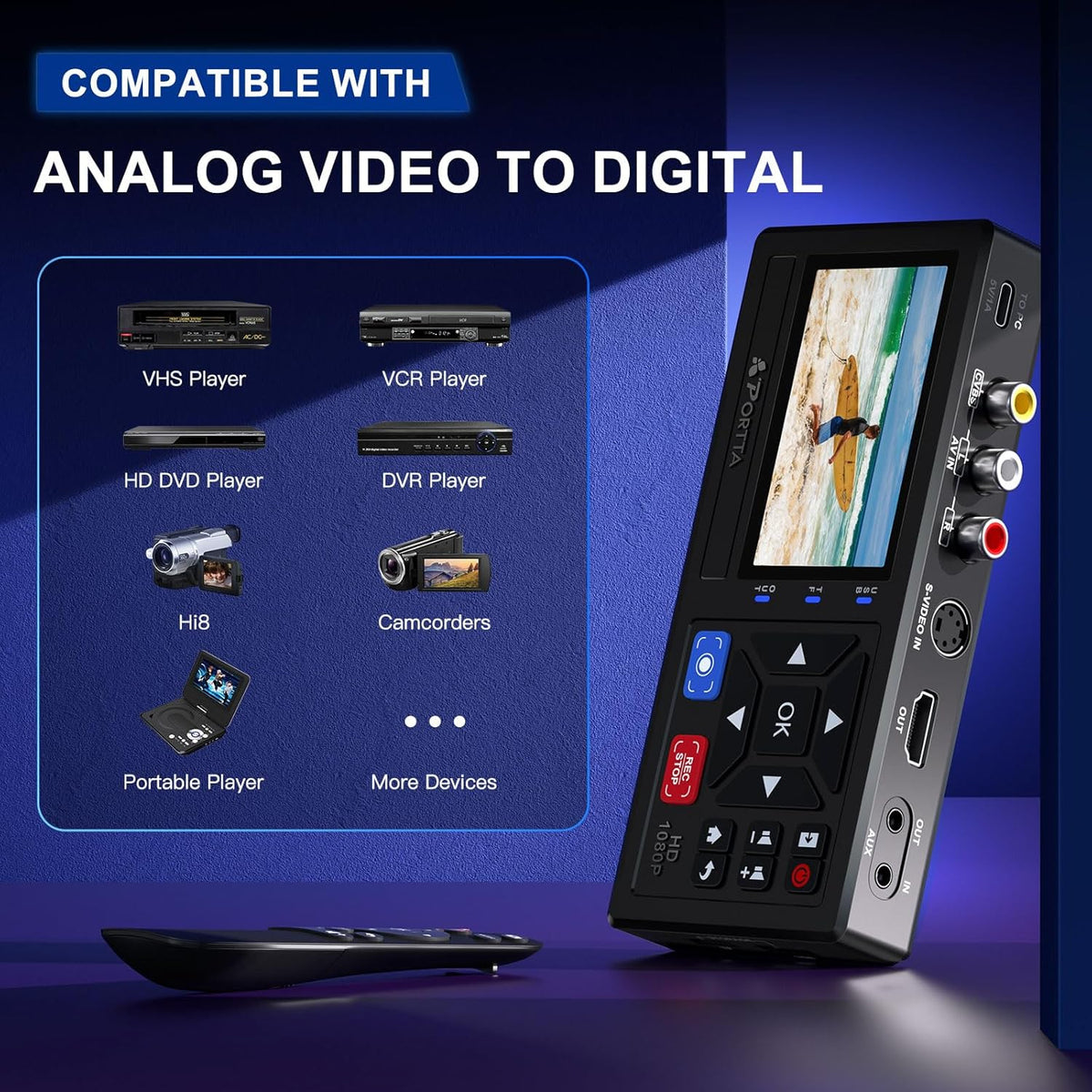 PORTTA VHS naar digitale converter, video naar digitaal recorder met afstandsbediening, compatibel met VHS, videorecorder, DVR, DVD, Hi8, Mini DV, camcorder, cassettetape, gameconsoles