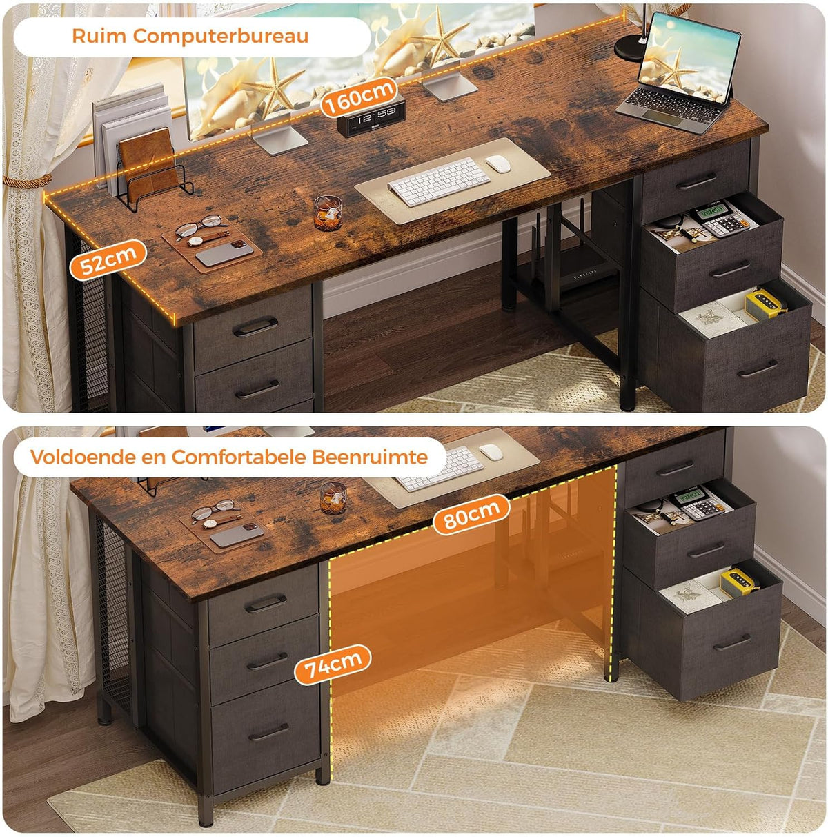 Coleshome Bureau met 6 lades, 160x52 cm Bureau met opslagruimte, Computerbureau met Planken voor Thuiskantoor, Bruin