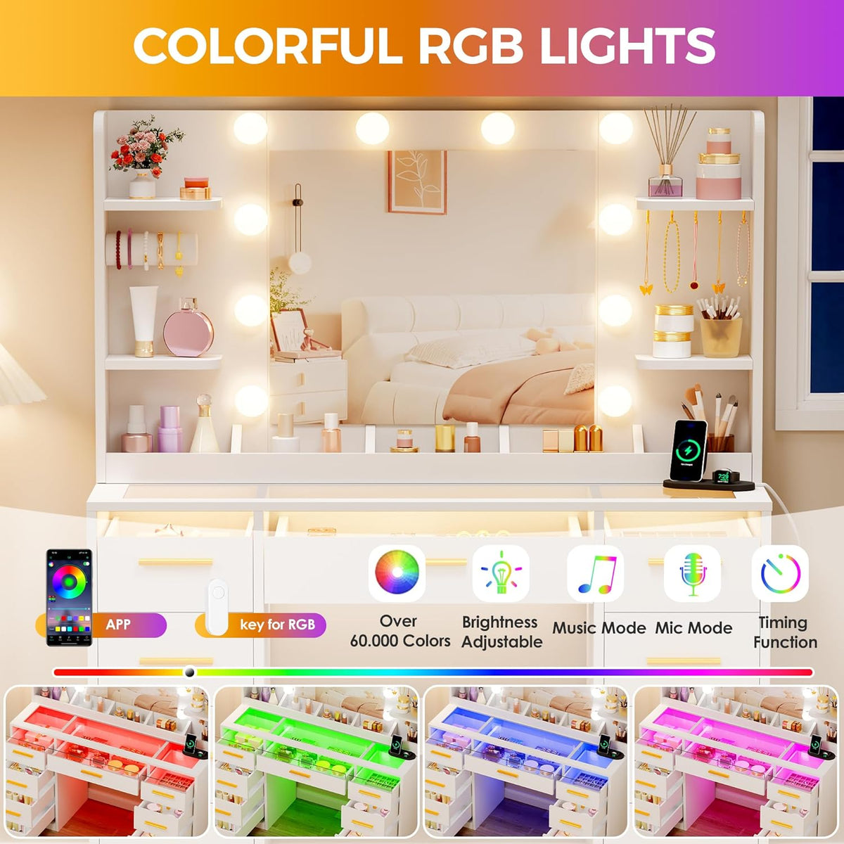 ANWBROAD Makeup Table with Mirror and Adjustable LED Lighting, 3 Colours, Transparent Glass Pane, Large Dressing Table with Socket, 9 RGB Drawers, 4 Shelves, White BDT95W - QUORE