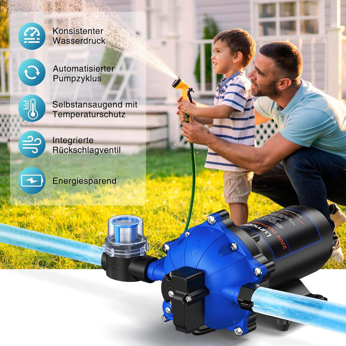 AC 220 V zelfaanzuigende drukwaterpomp, 4,5 GPM 70 PSI waterpomp, membraanpomp met drukschakelaar, caravan, voor het watersysteem, irrigatie