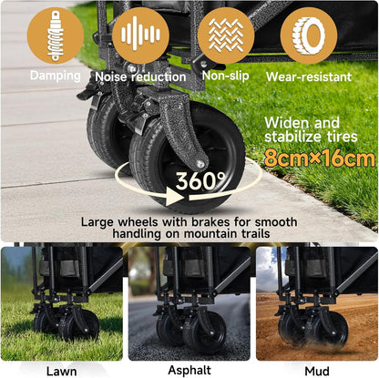 opvouwbare kinderwagen, multifunctionele opvouwbare kinderwagen met offroad-wielen, draagbaar voor kamperen, tuinieren, winkelen en sport (Zwart, 270 kg 250 liter)