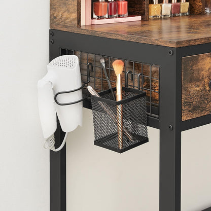 Kaptafel - met kruk en opklapbare spiegel - Cosmeticatafel - Damestafel - Hout - Bruin/Zwart - QUORE