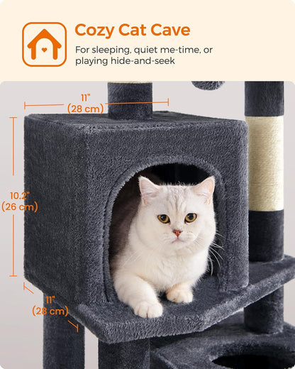Krabpaal – Kattenboom – Klimpaal – Kattenmeubel – Krabmeubel – 155 cm Hoog – Met 5 Sisal Krabkolommen & 2 Knusse Kattenholletjes