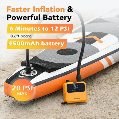 AIRBANK Mini Paddle Board Pomp PULSE Pro, Super Kleine Oplaadbare SUP-pomp, Elektrisch Draagbaar, MAX 20PSI, Snelle Inflatie, Borstelloze Motor Luchtpomp voor Kajak, Boten, Tent, Kite Vleugels (oranje