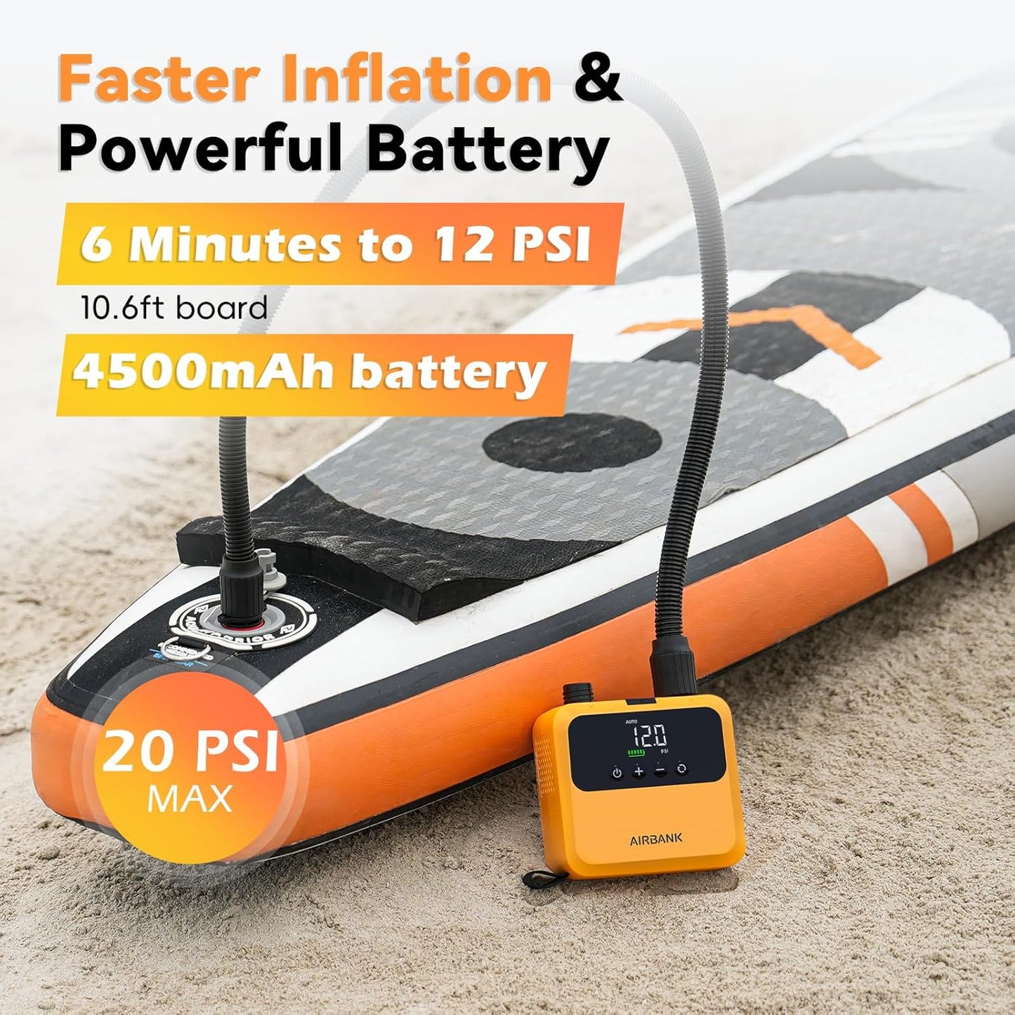 AIRBANK Mini SUP Elektrische luchtpomp Pulse Pro, super kleine oplaadbare elektrische draagbare SUP-pomp, max 20 psi, luchtpomp met borstelloze motor voor kajaks, opblaasbare boten, tenten