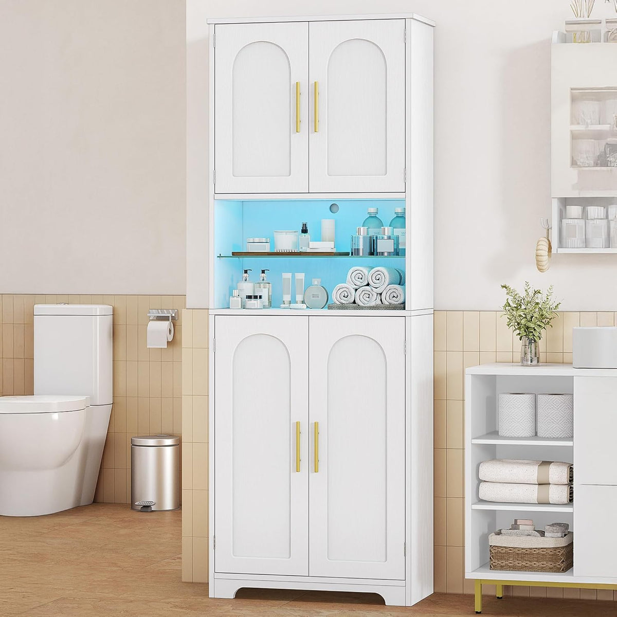 Hzuaneri Bathroom Cabinet, Bathroom Cabinet, Tall Cabinet with Colour Changing LED Lights and 4 Doors, Adjustable Shelves, Living Room, Bathroom, 30 x 60 x 170 cm, White Wood Grain SC68213X