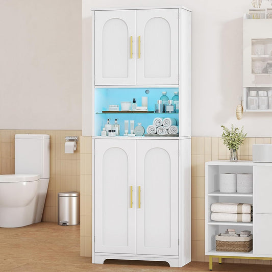 Hzuaneri Bathroom Cabinet, Bathroom Cabinet, Tall Cabinet with Colour Changing LED Lights and 4 Doors, Adjustable Shelves, Living Room, Bathroom, 30 x 60 x 170 cm, White Wood Grain SC68213X