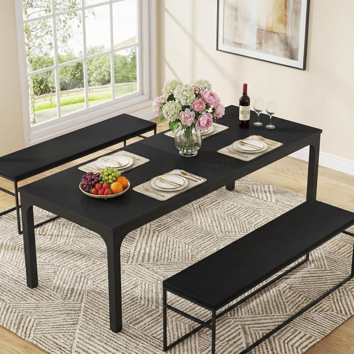Lailang 200cm Eettafel, Kitchen Dining Table, Eetkamertafel, Houten Eettafel, Dining Table For 8, Large Long Rectangle, 200 x 70 x 75 cm, Zwart
