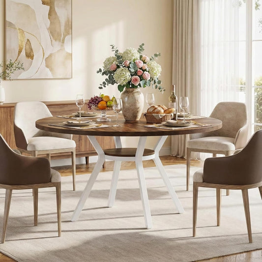 Ronde Eettafel – Eetkamertafel – Dining Table – Houten Tafel – Keukentafel – Met Opbergruimte – 120 cm Diameter – Stevig Metalen Onderstel
