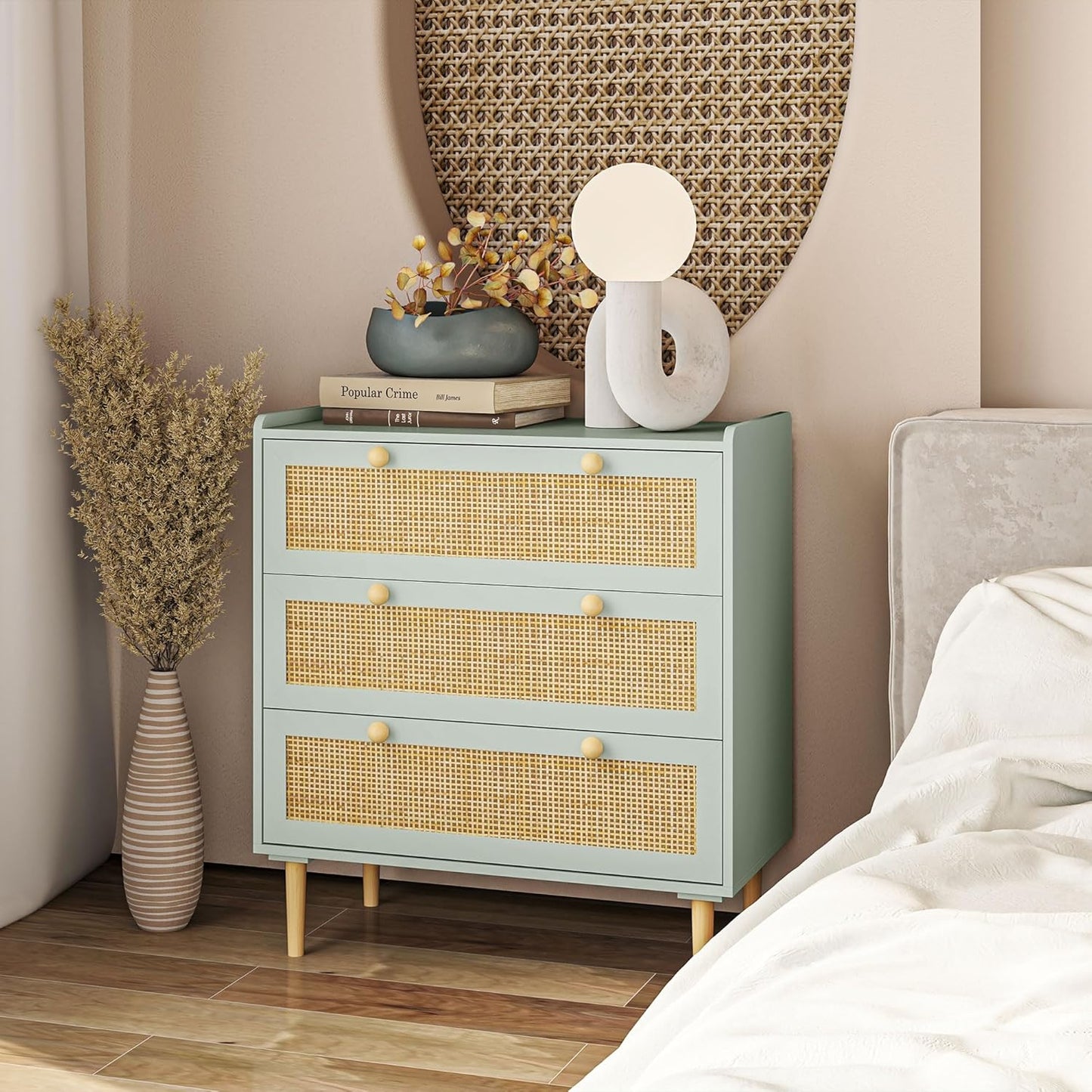 HOMCOM Kommode Beistellschrank mit 3 Schubladen, Sideboard mit Boho-Stil, Rattanoptik, Schubladenkommode für Wohnzimmer, Schlafzimmer, Hellblau 80 x 40 x 87.5 cm - QUORE