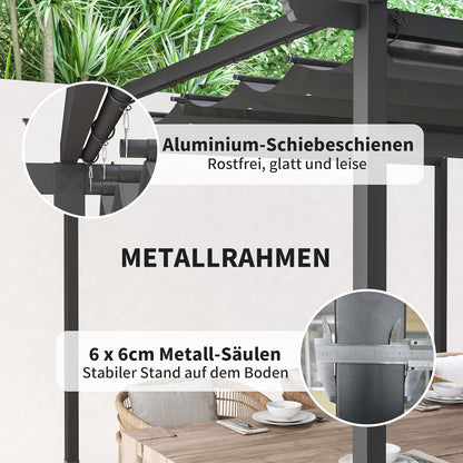Outsunny Pergola 3x3m Garten Pavillon Terrassendachung aus Metall, Gartenpavillon mit Verstellbares Dach, UV Schutz 30+ Freistehender Sonnenschutz für Terrasse und Garten, Dunkelgrau - QUORE
