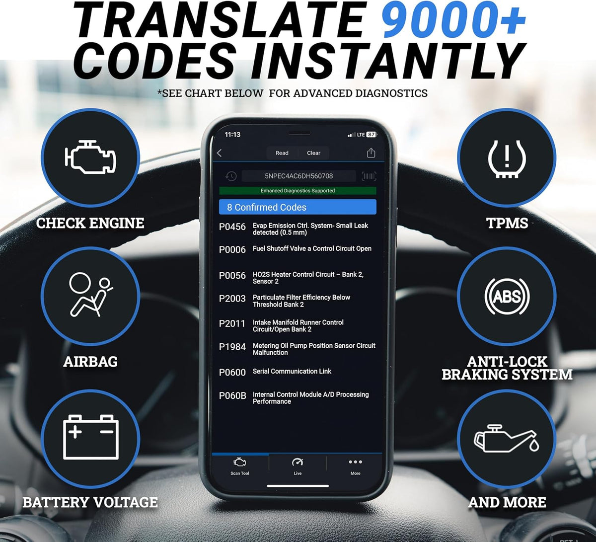 OBD2 Scanner – Auto Uitleesapparaat – Diagnose Tool – Codelezer – Bluetooth Scanner – Realtime Foutcodes Uitlezen – Compatibel met iOS en Android