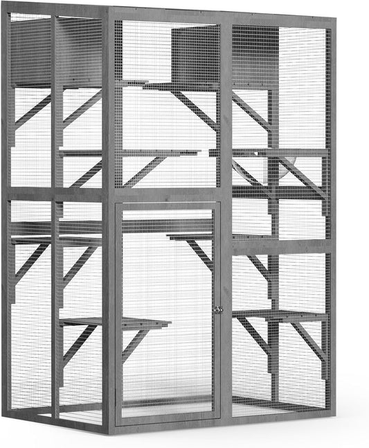 Wiltec buitenverblijf voor katten 116 x 82 x 175,7 cm, kattenvolière van hout met PVC-coating, kattenhuis met 5 niveaus, kattenverblijf voor tuin, balkon, kattenhut voor katten en dieren