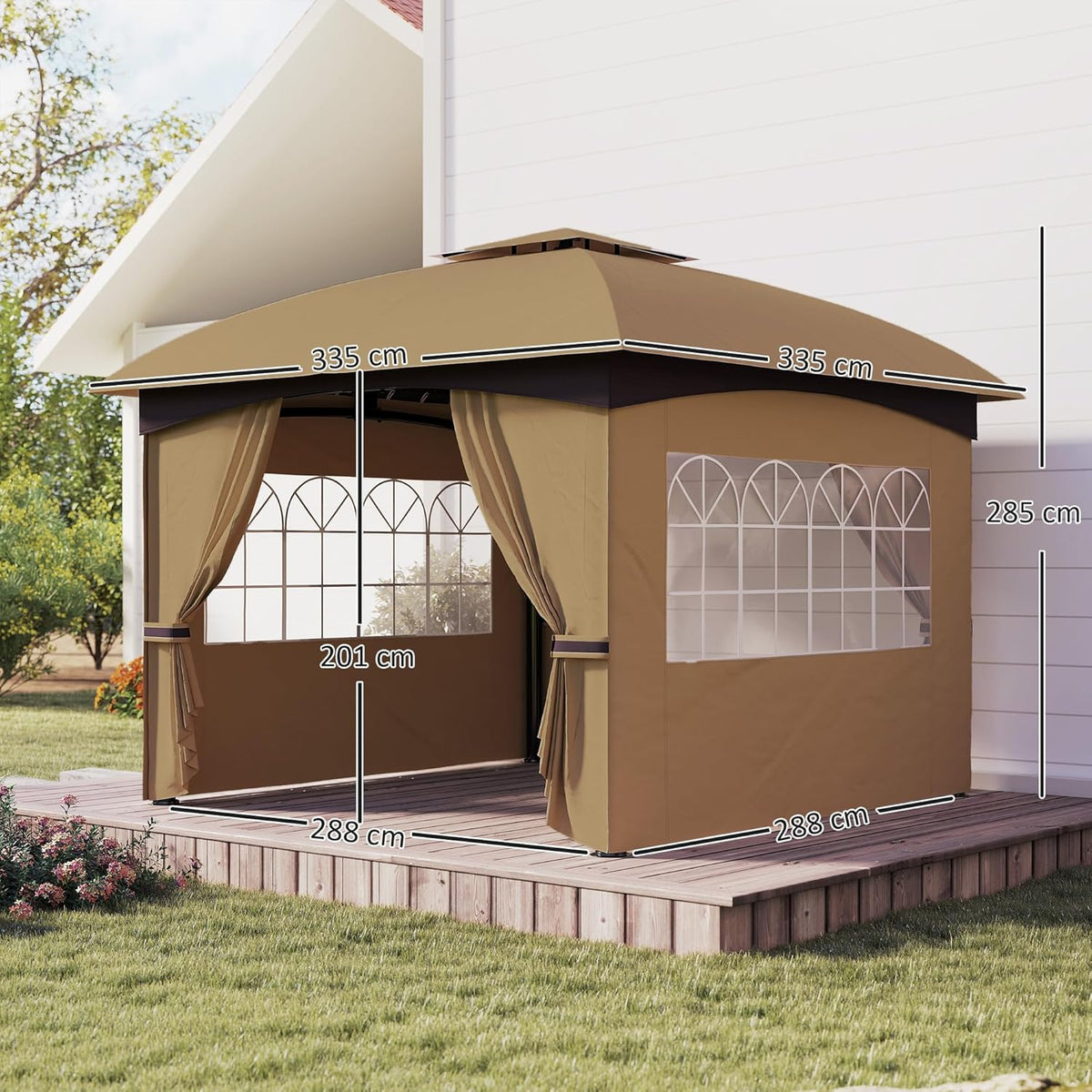 Outsunny Pavillon approx. 3.4x3.4m wasserabweisend Gartenpavillon mit 4 Seitenteilen, Doppeldach, Partyzelt mit UV-Schutz Gartenzelt mit verzinktem Metallrahmen, für Garten Beige - QUORE
