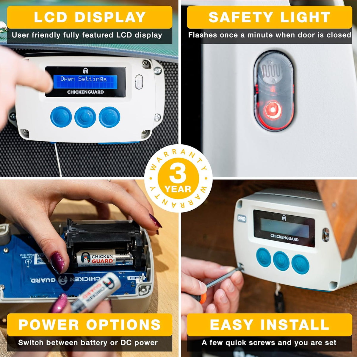 ChickenGuard Automatic Chicken House Door Opener, Power Source: Solar/Batteries/Electric. Timer/Light Sensor; Motor units alone or Combination kits. (PRO + Door + Batteries) - QUORE