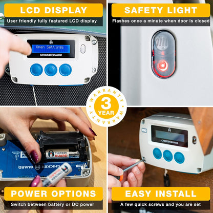 ChickenGuard Automatic Chicken House Door Opener, Power Source: Solar/Batteries/Electric. Timer/Light Sensor; Motor units alone or Combination kits. (PRO + Door + Batteries) - QUORE