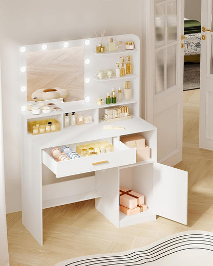 Hzuaneri Makeup Table with Mirror and 10 LED Lamps, Makeup Chest of Drawers with 3 Shelves and 4 Open Compartments, Large Drawer and Cabinet, 3 Adjustable Illumination Levels DT41303XEU