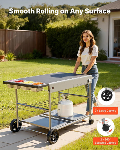 VEVOR Barbecuewagen voor buiten, 925 x 595 x 25 mm (tafelbladgrootte), oprolbare grilltafel met 4 kruidenbakjes & wielen en deksels en haken, barbecue-bereidingstafel, serveerwagen voor picknickkeuken