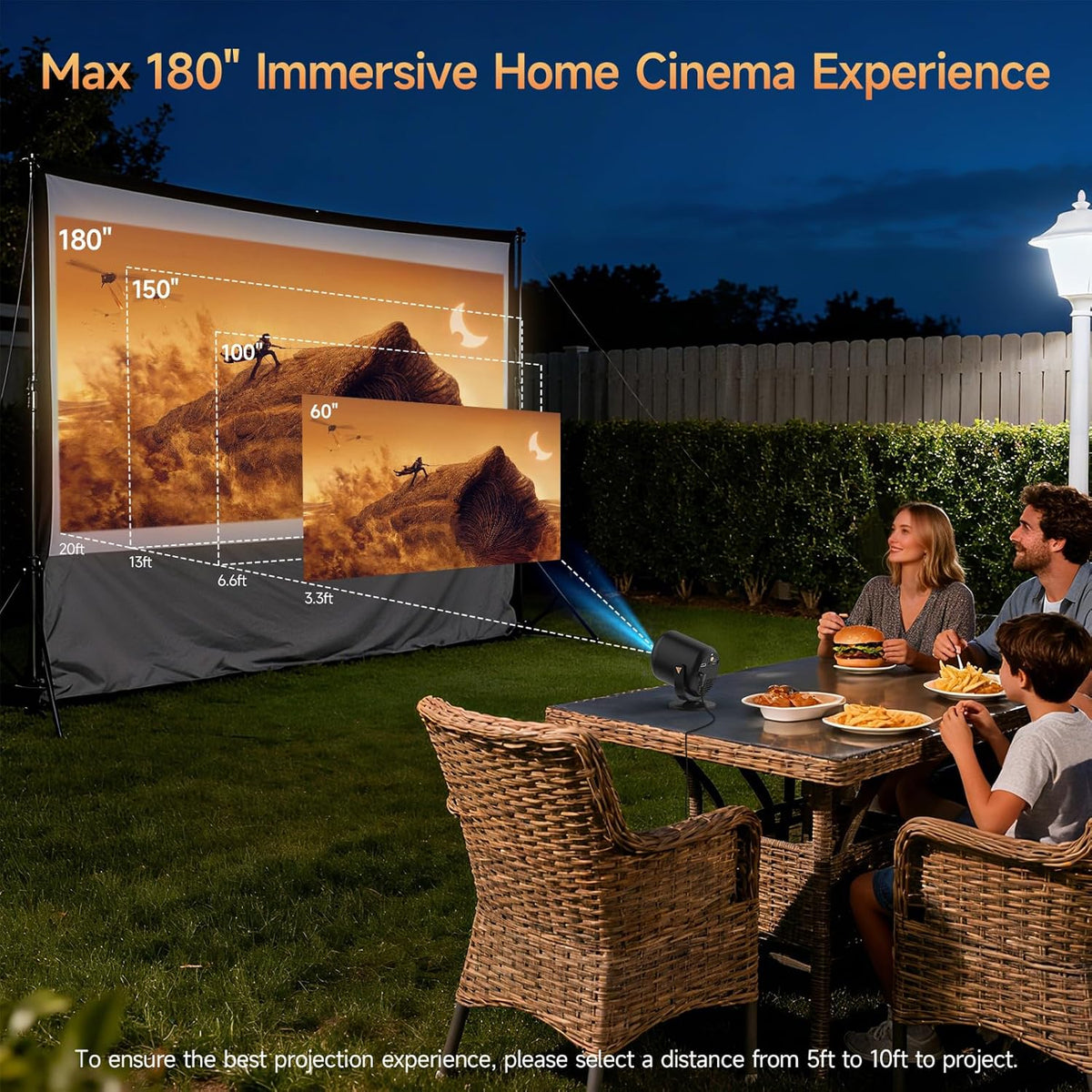 Mini-beamer met wifi en bluetooth, draagbare projector Native 1080P-ondersteuning, 4K met 180° verstelbare standaard, max 180 inch display, geïntegreerde luidsprekers