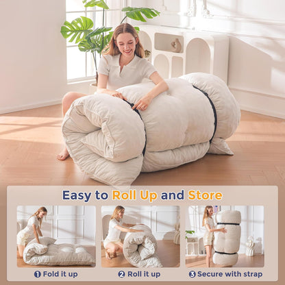 MAXYOYO Futonmatras, Chenillestof 15 cm Dik, Oprolbare Futon-Slaapbank, Gevuld Met Versnipperd Schuim, Geknoopt, Praktische Opvouwbare Matrasbeschermer (Frame Niet Inbegrepen)