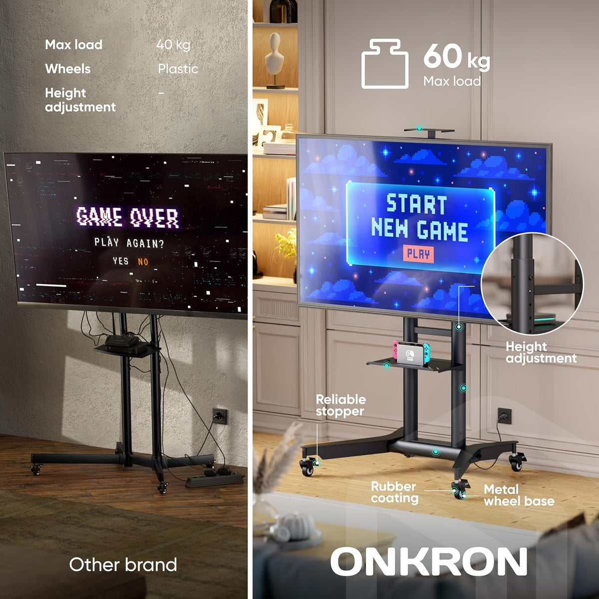 ONKRON Verrijdbare TV-standaard voor 32-75 inch, Flat & Curved TV's tot 60 kg, professionele in hoogte verstelbare TV-voet max VESA 600x400 mobiele TV-wagen met wielen Zwart TS1571-B