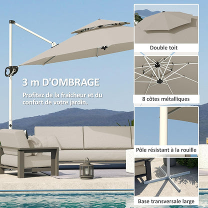 Outsunny Round Floating Parasol, 3 x 2.5 m, Outdoor Garden Parasol with Crank, Cross Base, Tilting and 360° Rotatable, Double Roof, UV Protection UPF0+, Grey, Light Grey