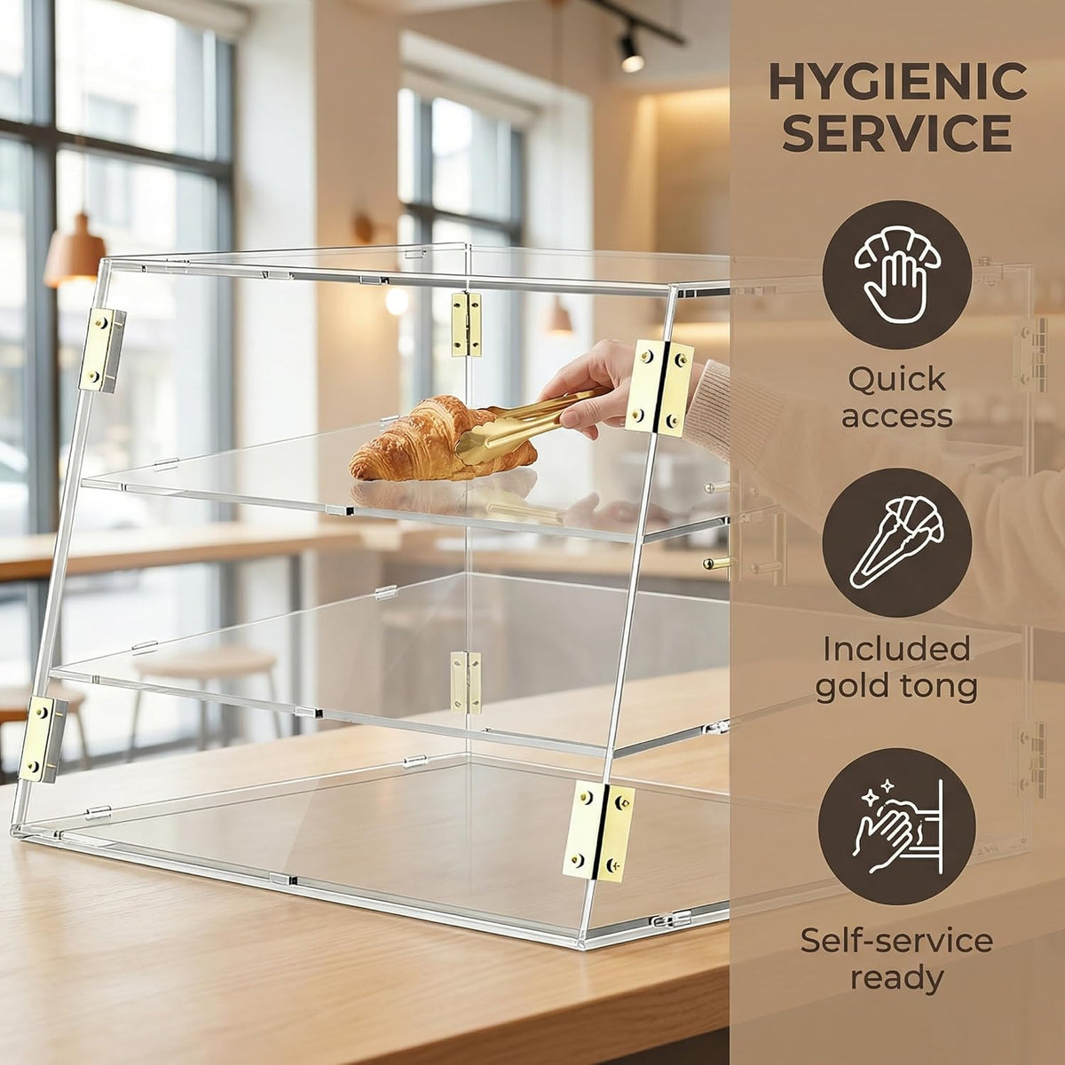 3 Dienblad Aanrecht Bakkerij Vitrine met Elastische Auto-Deur, 53,1 cm x 43,2 cm x 43,2 cm Commerciële Gebak Brood Voedsel Vitrine Opbergdoos voor Donut Taart Bagels Koekje