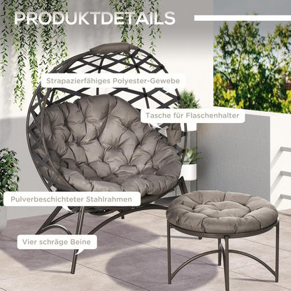 Outsunny 2 Pieces Garden Chair Set Wicker Chair with Folding Seat Basket Including 2-in-1 Stool Cushion Lounge Chair for Balcony Patio Steel Sand 118 x 75 x 142 cm - QUORE