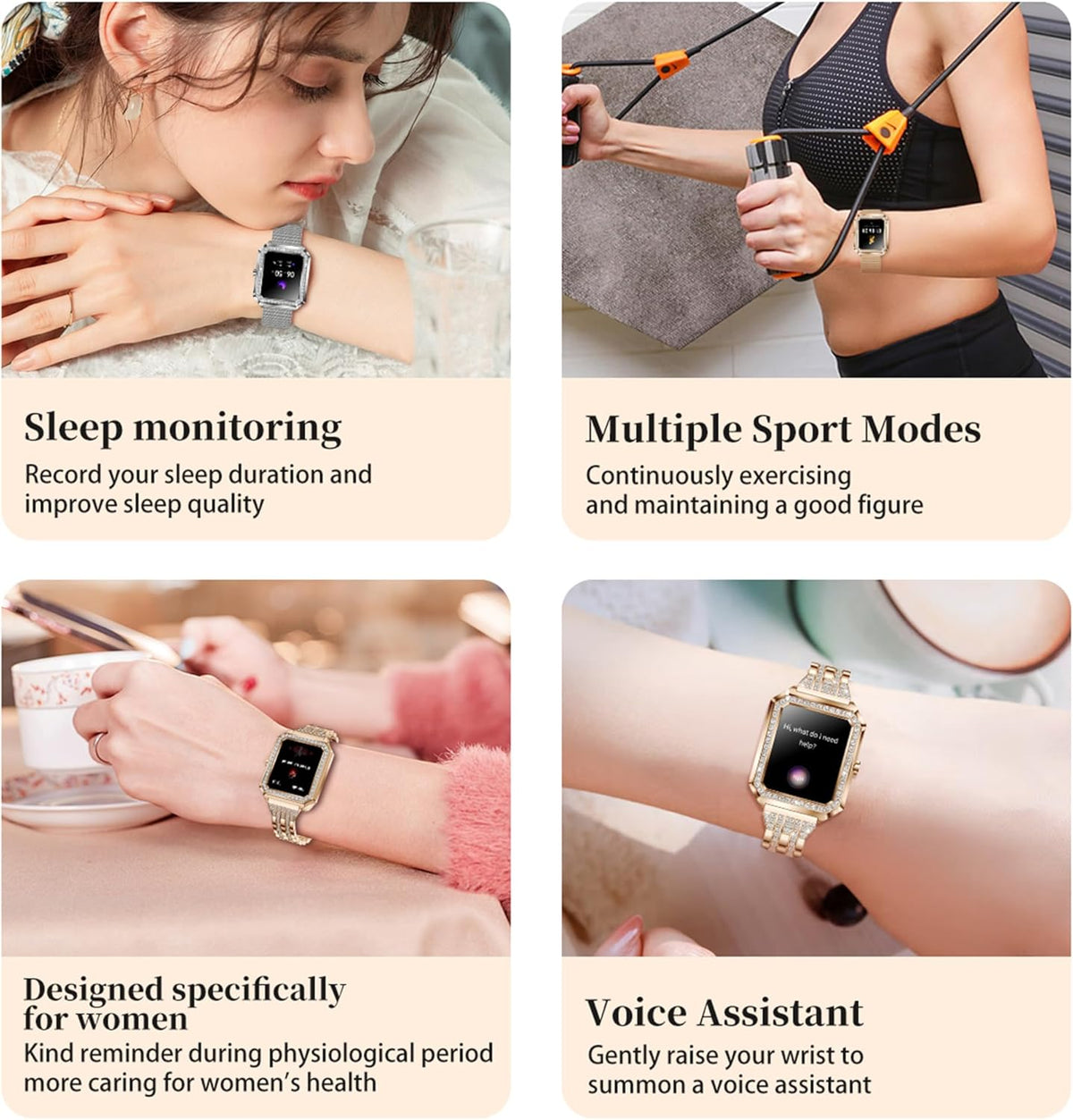 Smartwatch Dames met Telefoonfunctie, Fitnesstracker met Diamant,Bloeddrukmeting,Fitnesshorloge met Hartslagmeter Slaapmonitor, Activiteitstracker Armband met voor Android iOS (Zilver)