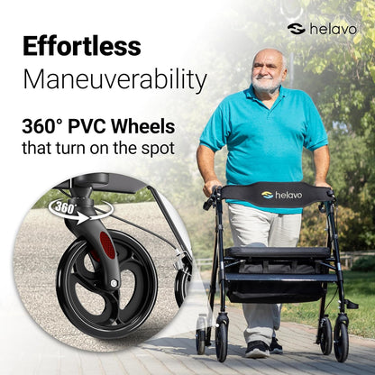 Helavo extra brede rollator met grote, in hoogte verstelbare zitting - Opvouwbare zware rollator van aluminium - Belastbaar tot 226 kg