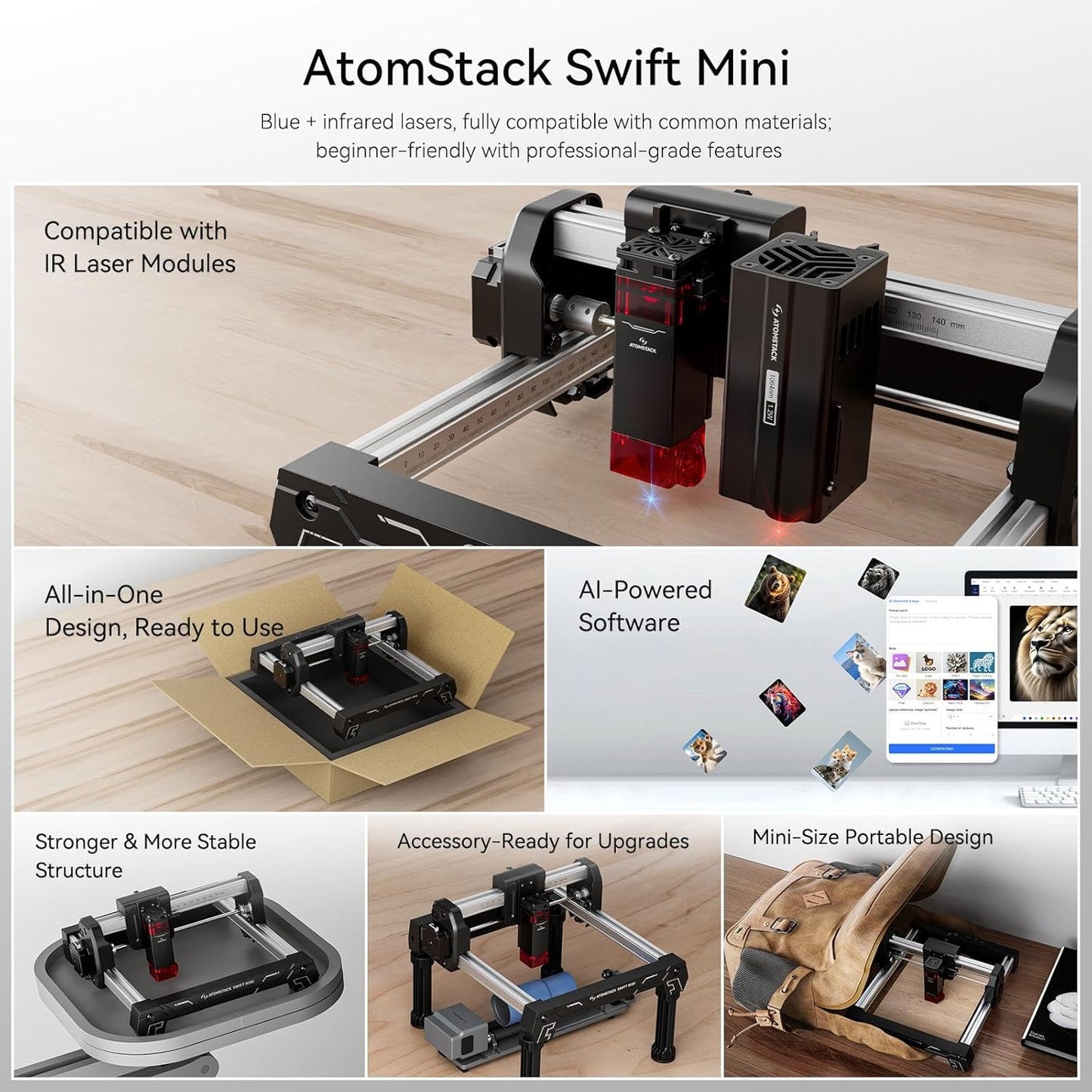 ATOMSTACK SWIFT MINI Laser Engraver 3 W for Beginners Fully Pre-Assembled Desktop Laser Cutter Machine 155×135mm Area, 0.04mm High Precision DIY Wood, Leather, Crafts, Acrylic, Gifts, Cards 3000mW