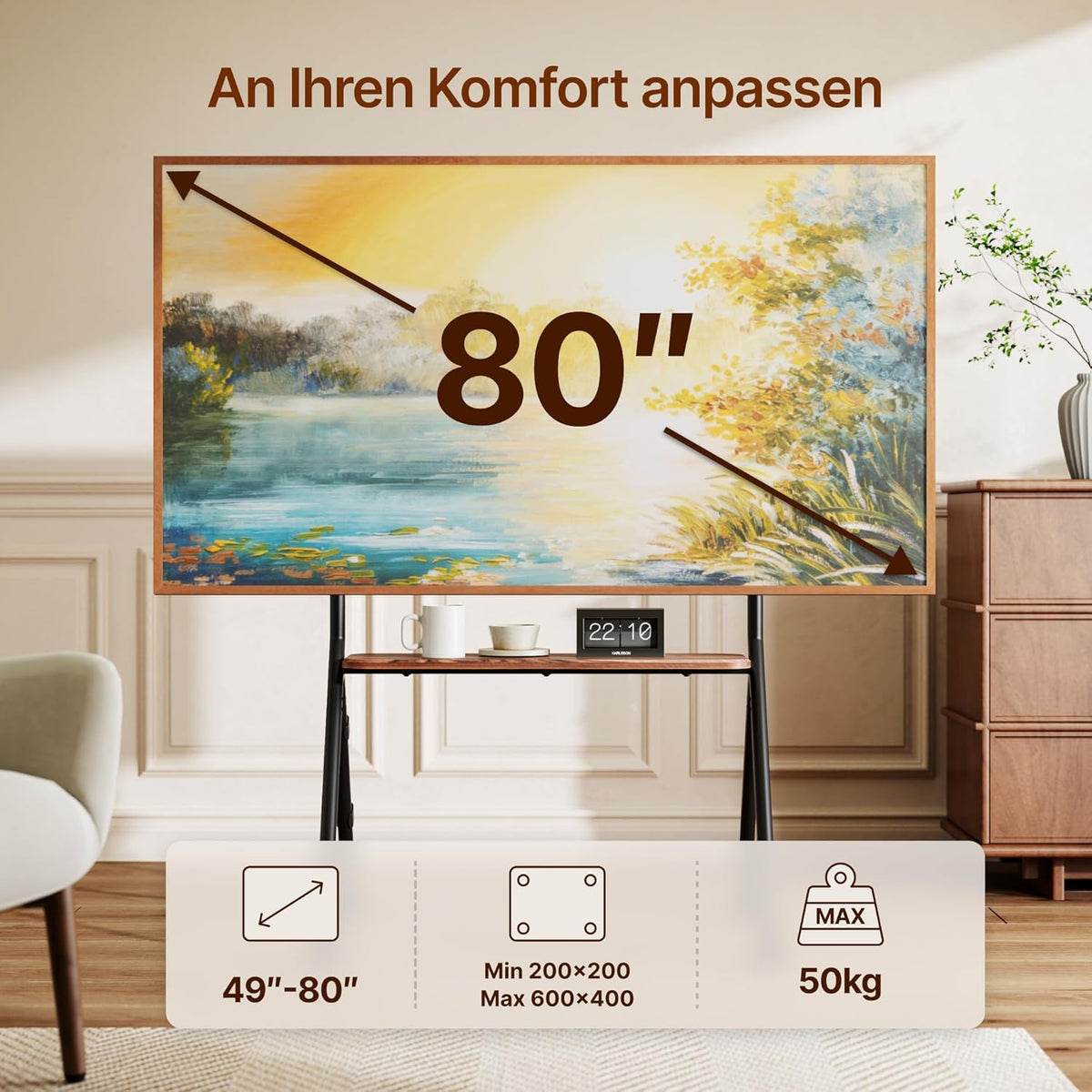 Tv-standaard oprolbaar voor 49-80 inch televisie, 50 kg draagkracht, portret- en landschapsformaat, stabiele mobiele tv-wagen met plank, max. VESA 600x400mm (zwart)