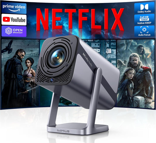 Netflix Official & Dolby Audio Smart Beamer, 4K thuisbioscoop, Full HD 1080P, 4K 600ANSI elektrische focus/auto, verticale trapeziumcorrectie, wifi6, bluetooth-beamer, outdoor, 360° draaibaar