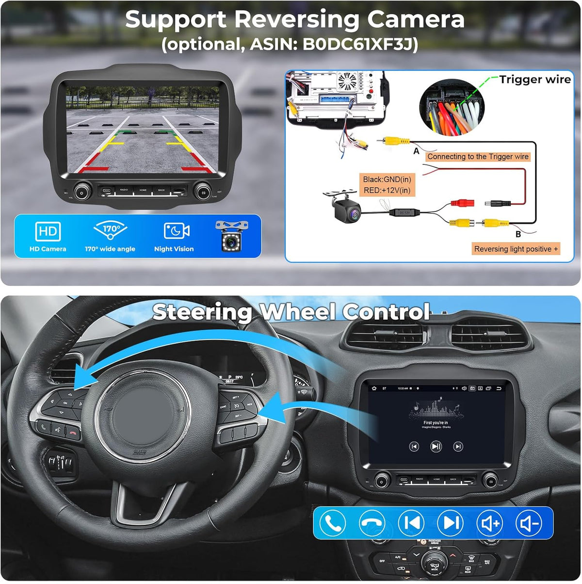 Android 14.0 Autoradio voor Jeep Renegade 2015-2020 met 9 Inch Touchscreen GPS Navigatie Radio Ondersteuning 4G DSP TPMS OBD Draadloze Carplay/Android Auto 4+64GB