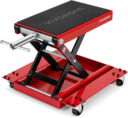 VIVOHOME Motorfietslift Jack Schaarlift 500kg Zware Stalen Brede Dekstandaard Takel met Dolly en Handkruk voor ATV Fietsen Garage Reparatie Rood